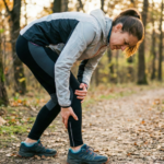 Runner che avverte dolore al ginocchio durante l'allenamento e si ferma per controllare.