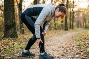 Runner che avverte dolore al ginocchio durante l'allenamento e si ferma per controllare.