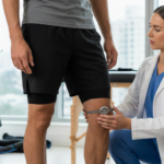 Fisioterapista di Fisiogroup Roma esegue test clinici sul ginocchio per sospetta lesione da sovraccarico sportivo.