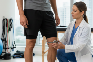 Fisioterapista di Fisiogroup Roma esegue test clinici sul ginocchio per sospetta lesione da sovraccarico sportivo.