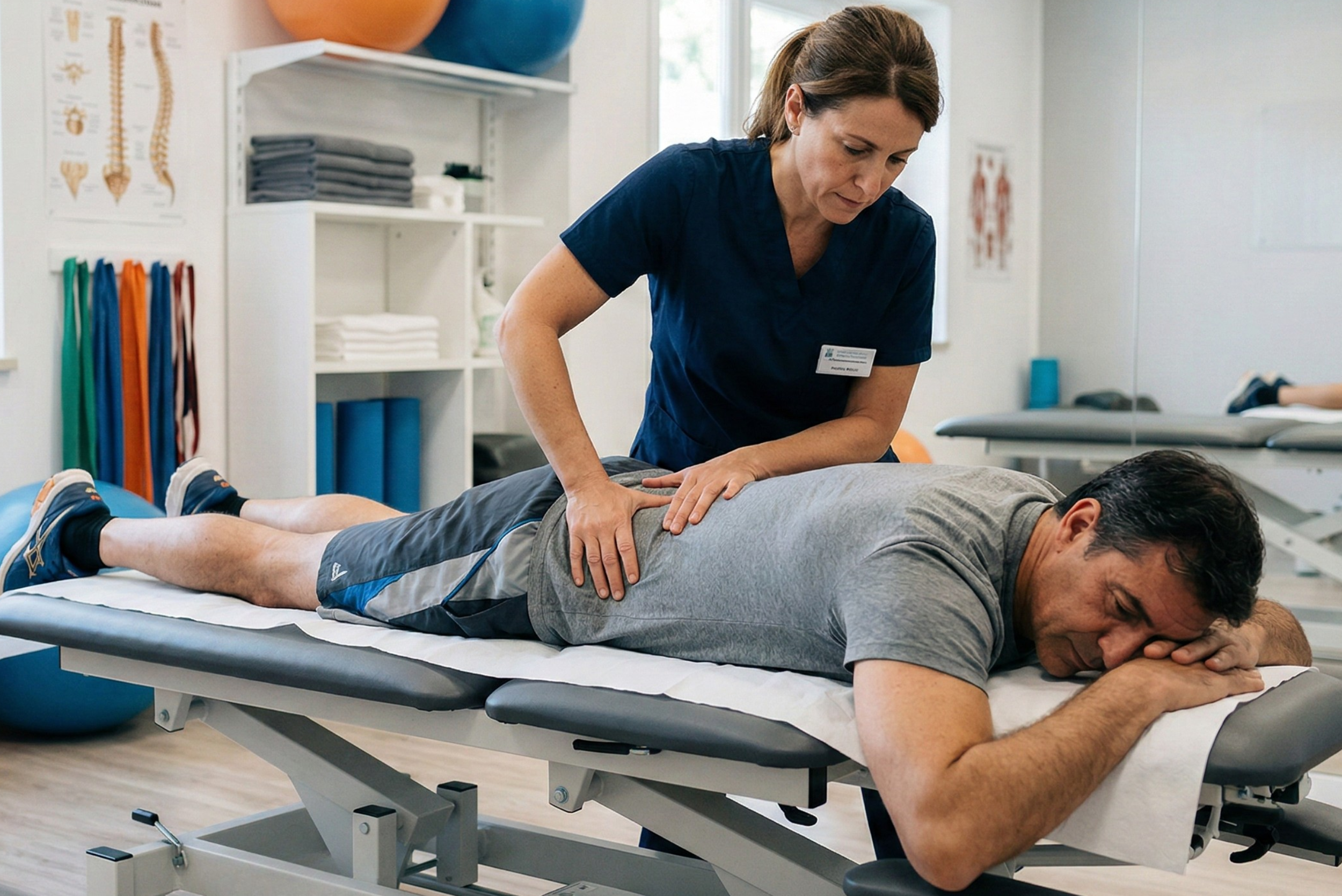 Fisioterapista di Fisiogroup Roma esegue test clinici sul ginocchio per sospetta lesione da sovraccarico sportivo.