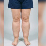cosa è il lipedema, mostrando la distribuzione simmetrica del tessuto adiposo su gambe e cosce con risparmio del piede.