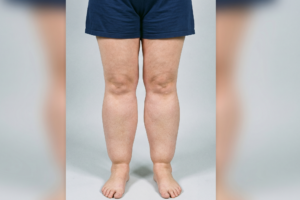 cosa è il lipedema, mostrando la distribuzione simmetrica del tessuto adiposo su gambe e cosce con risparmio del piede.