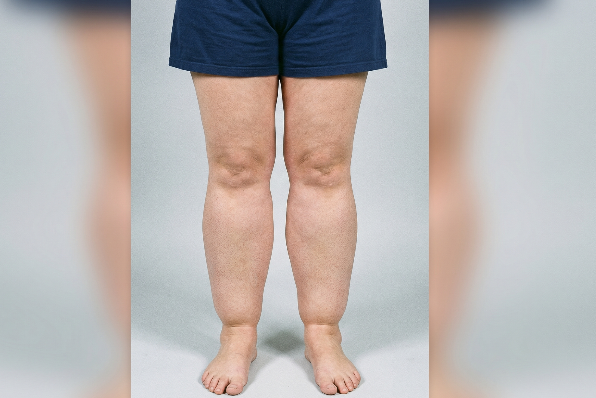 cosa è il lipedema, mostrando la distribuzione simmetrica del tessuto adiposo su gambe e cosce con risparmio del piede.