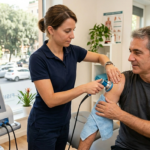 Fisioterapista esegue seduta di tecarterapia su paziente presso Fisiogroup Roma.