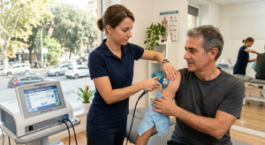 Fisioterapista esegue seduta di tecarterapia su paziente presso Fisiogroup Roma.