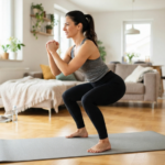Donna che pratica allenamento funzionale a casa su un tappetino per migliorare la tonicità muscolare e la postura.